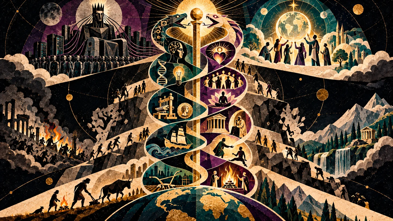 Un caducée dont les deux serpents montent le long d’un axe doré : d’un côté les inventions matérielles — la charrue, le navire, la monnaie, l’ampoule, l’hélice d’ADN —, de l’autre les réponses de conscience — le feu rituel, le temple, le cercle, la méditation —, entre une humanité en marche vers la ruine et une humanité en marche vers la montagne