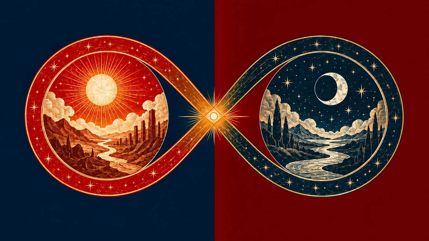 Une lemniscate d'or relie deux mondes en miroir : un soleil sur une vallée rouge, une lune sur la même vallée en bleu nuit, noués par un éclat central