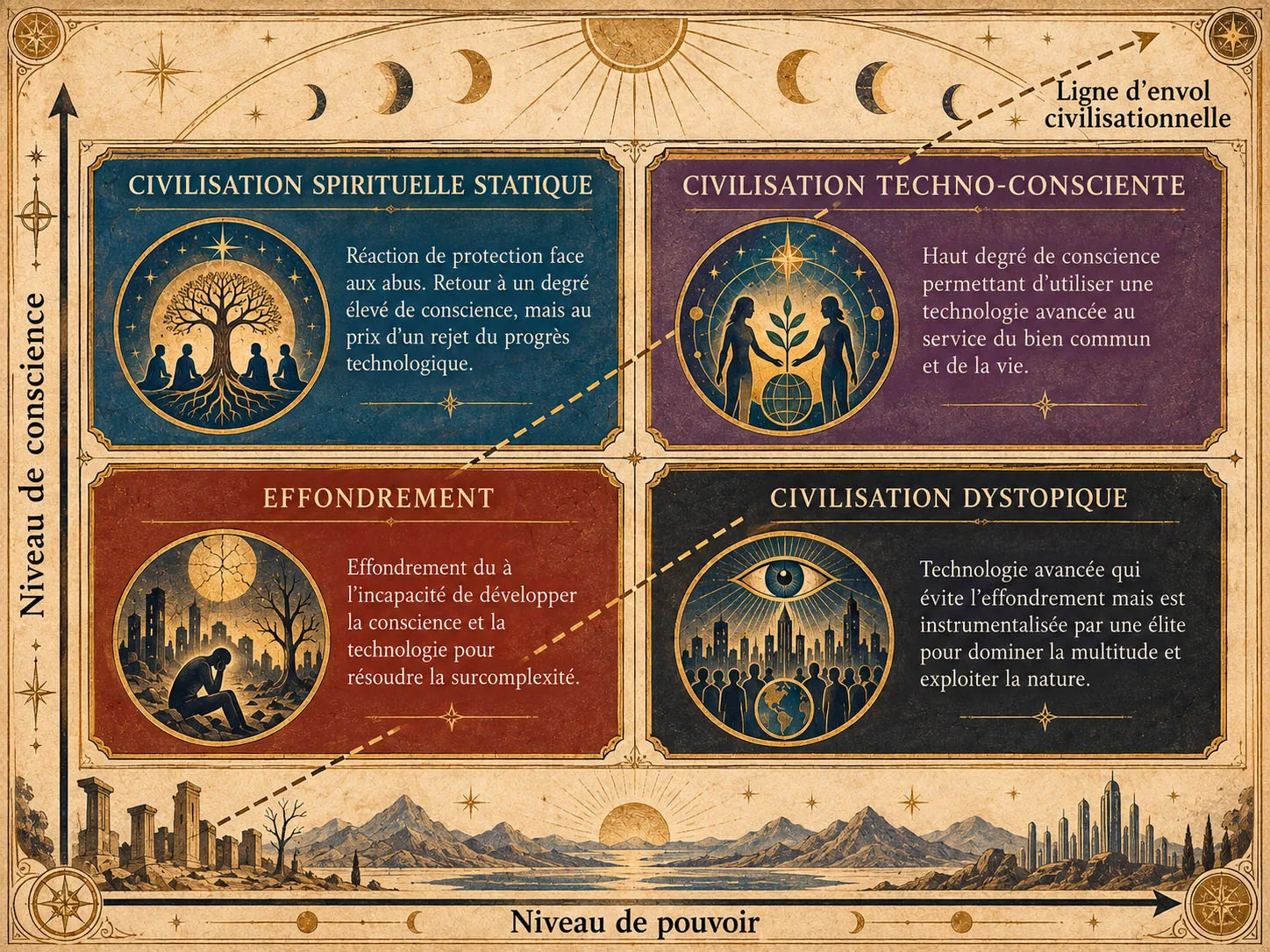 Une carte à deux axes — niveau de pouvoir en abscisse, niveau de conscience en ordonnée — où quatre quadrants nomment l’effondrement, la civilisation dystopique, la civilisation spirituelle statique et la civilisation techno-consciente, reliés par une ligne d’envol civilisationnelle