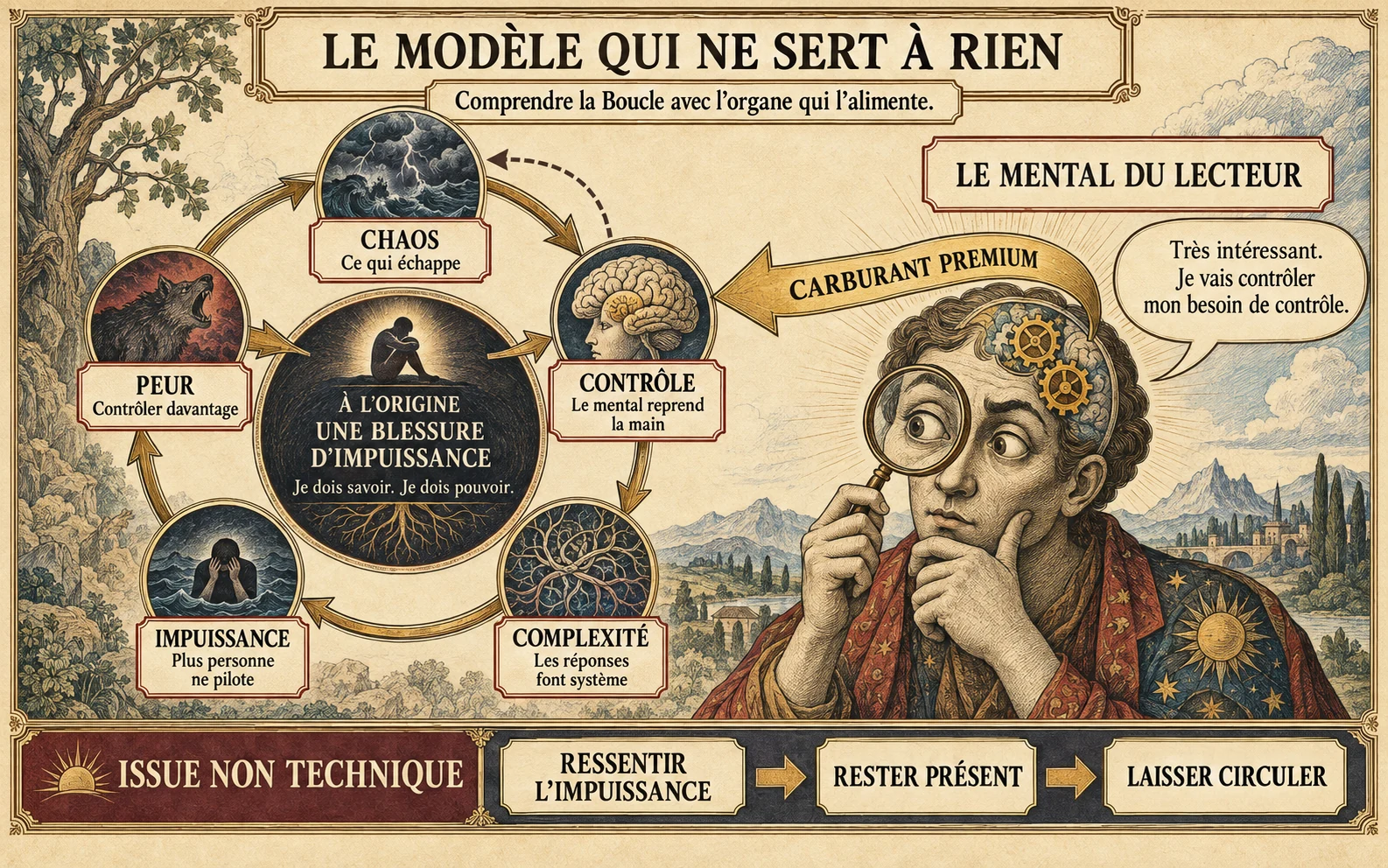 Le modèle qui ne sert à rien : la blessure d’impuissance nourrit une boucle de peur, de contrôle et de complexité, tandis que le mental du lecteur l’alimente en essayant de la maîtriser