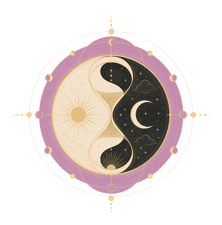 Un sablier solaire et lunaire dans un disque cerclé de phases de lune.