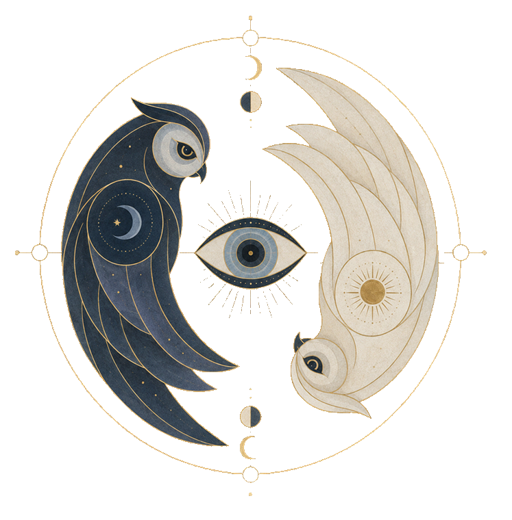 Deux chouettes affrontées, l'une nocturne et l'autre diurne, encerclant un œil ouvert.