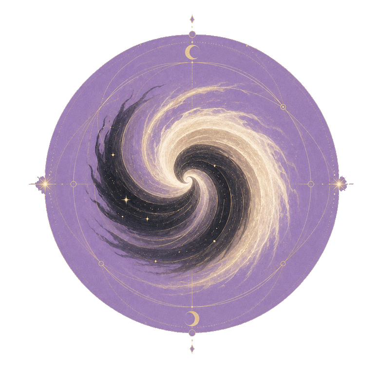 Deux spirales galactiques, l'une sombre et l'autre claire, enlacées dans un disque violet.