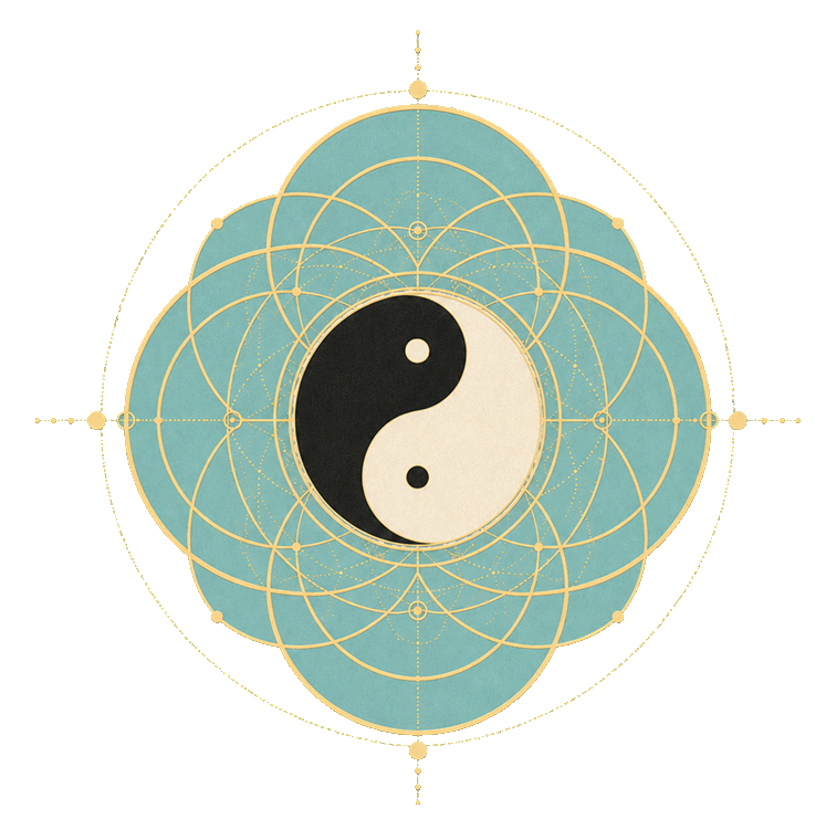 Un yin-yang au centre d'une fleur de vie dorée.