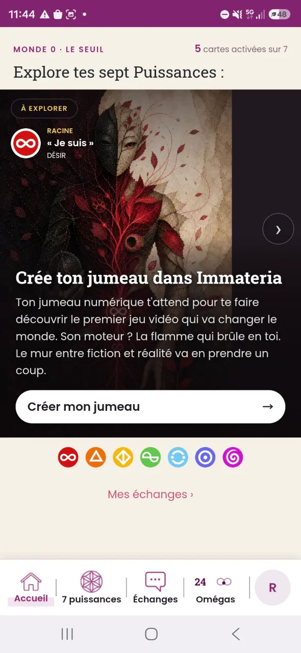 L’application Point Zéro sur mobile, ouverte sur l’entrée dans Immateria