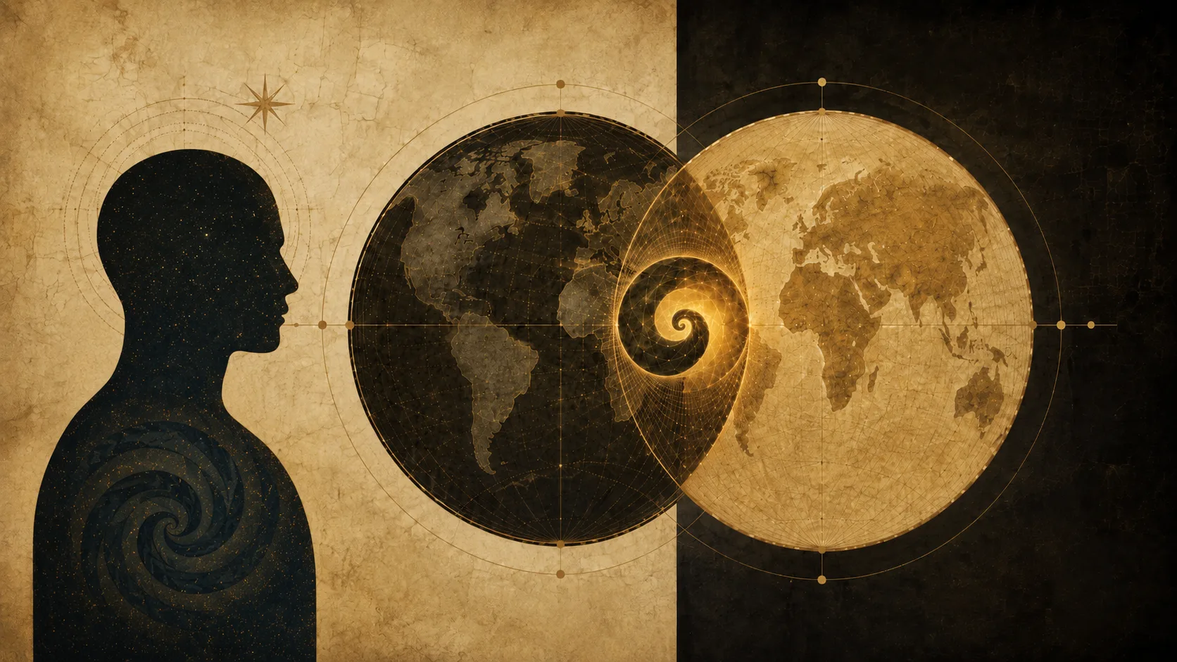 Une silhouette humaine face à deux mondes, l’un dans l’ombre et l’autre dans la lumière, reliés par une spirale centrale