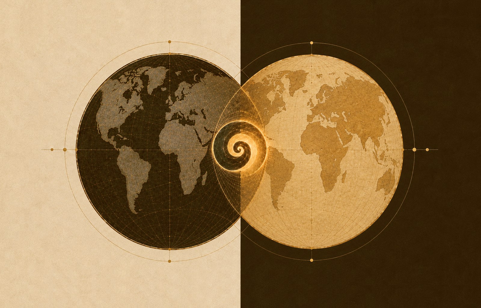 Deux hémisphères terrestres, l'un sombre sur fond clair, l'autre lumineux sur fond sombre, reliés par une spirale dorée.