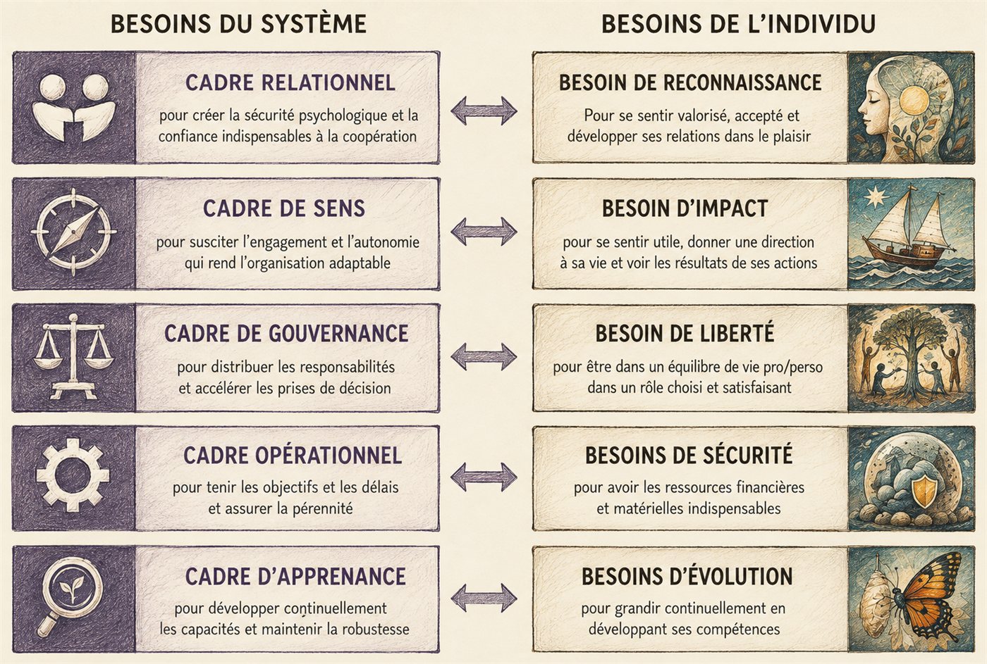 Les cinq Cadres systémiques — Relationnel, Sens, Gouvernance, Opérationnel, Apprenance — face aux cinq besoins de l'individu : reconnaissance, impact, liberté, sécurité, évolution.