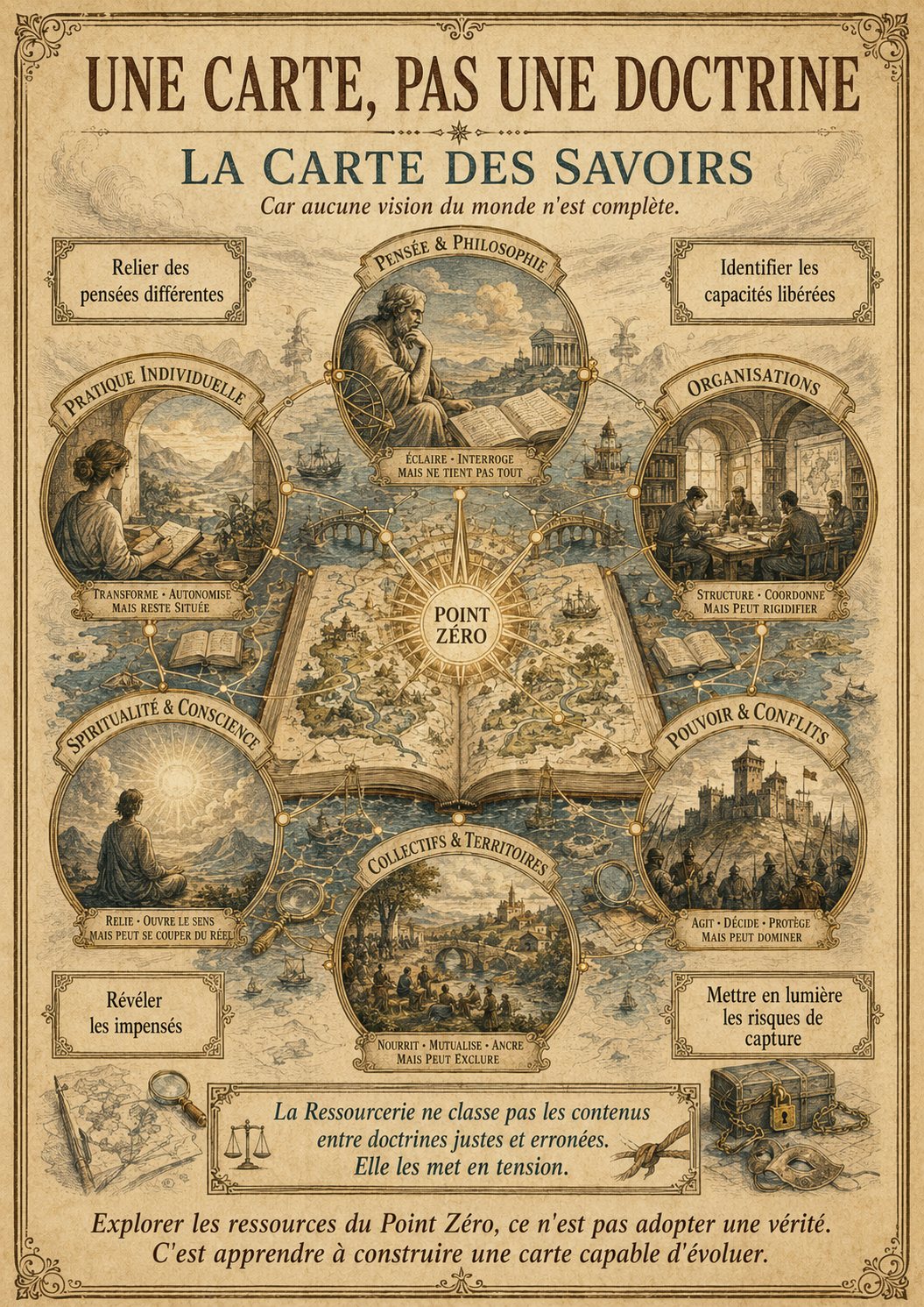 « Une carte, pas une doctrine » : la carte des savoirs du Point Zéro, reliant les pensées différentes, les capacités libérées, les points de vigilance et les angles morts.