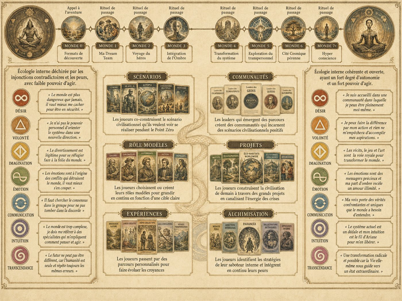 La Marelle des dix Mondes : les rituels de passage, les scénarios, les role models, les communautés, les projets, les expériences et l'alchimisation, autour du serpent de la progression.