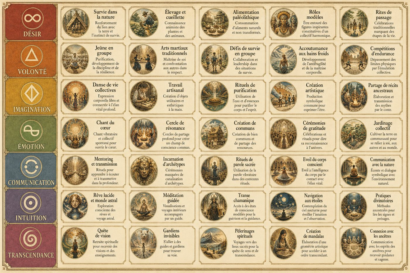 Table du néoarchaïsme : pour chacune des sept Puissances, les pratiques des peuples premiers, des traditions initiatiques et leurs équivalents contemporains.