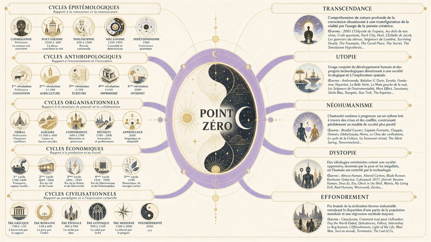 Planche du Point Zéro : les cycles épistémologiques, anthropologiques, organisationnels, économiques et civilisationnels convergent vers un même seuil, d'où s'ouvrent l'effondrement, la dystopie, le néohumanisme, l'utopie et la transcendance.