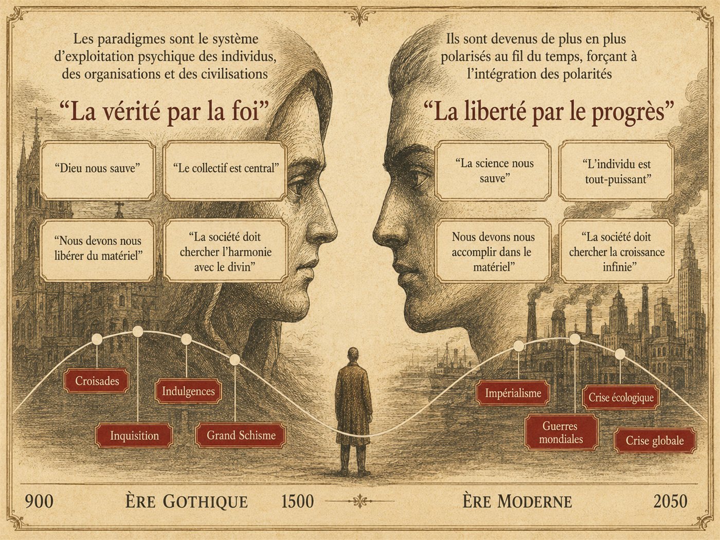 De l'ère gothique « la vérité par la foi » à l'ère moderne « la liberté par le progrès » : deux paradigmes opposés qui produisent chacun leurs propres désastres, des croisades à la crise écologique.