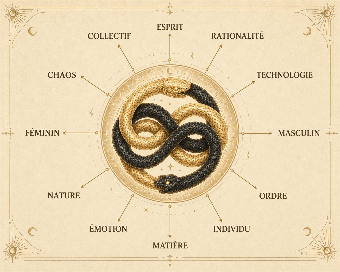 Roue des polarités : esprit et matière, collectif et individu, chaos et ordre, féminin et masculin, nature et émotion, rationalité et technologie, autour de deux serpents entrelacés.