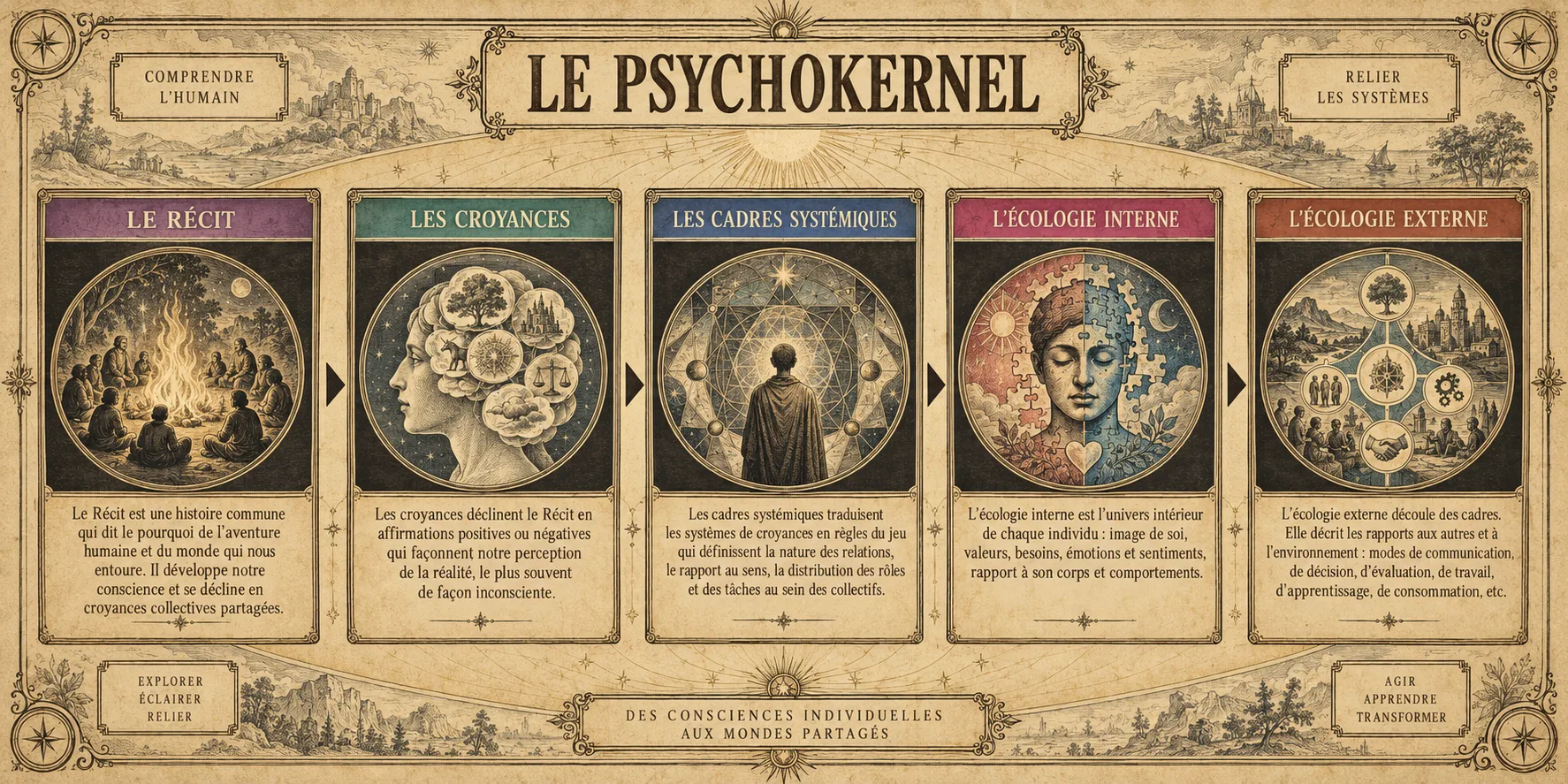 Planche du PsychoKernel : cinq étapes qui vont des consciences individuelles aux mondes partagés — le Récit, histoire commune qui dit le pourquoi ; les Croyances, qui le déclinent en affirmations façonnant la perception du réel ; les Cadres systémiques, qui traduisent ces croyances en règles du jeu collectives ; l'écologie interne, univers intérieur de chaque individu ; et l'écologie externe, rapports aux autres et à l'environnement.