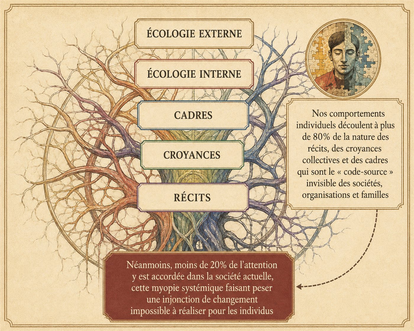 Planche du PsychoKernel : sous l'écologie externe et l'écologie interne, les cadres, les croyances et les récits forment le code-source invisible d'où découlent plus de 80 % de nos comportements.