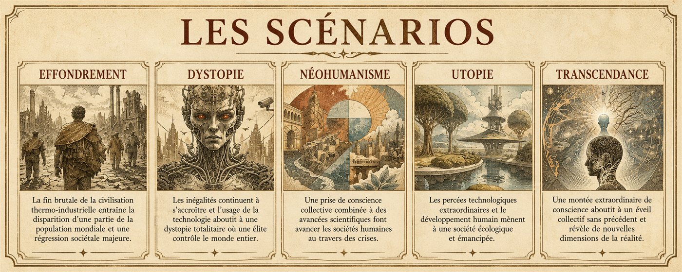 Les cinq familles de scénarios : effondrement, dystopie, néohumanisme, utopie et transcendance, chacune illustrée et résumée en quelques lignes.